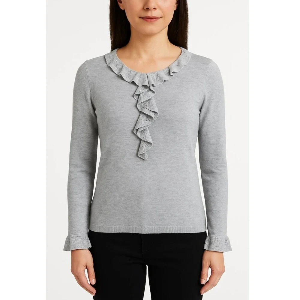 August Silk Sweater Women's Petite M Grey Long Sleeve Ruffle Professional Office